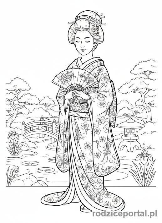 Kolorowanka Kultura Świata - Gejsza z wachlarzem