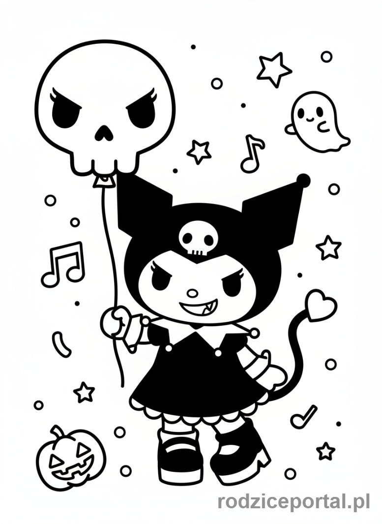 Kolorowanka Kuromi - Kuromi z balonem czaszką