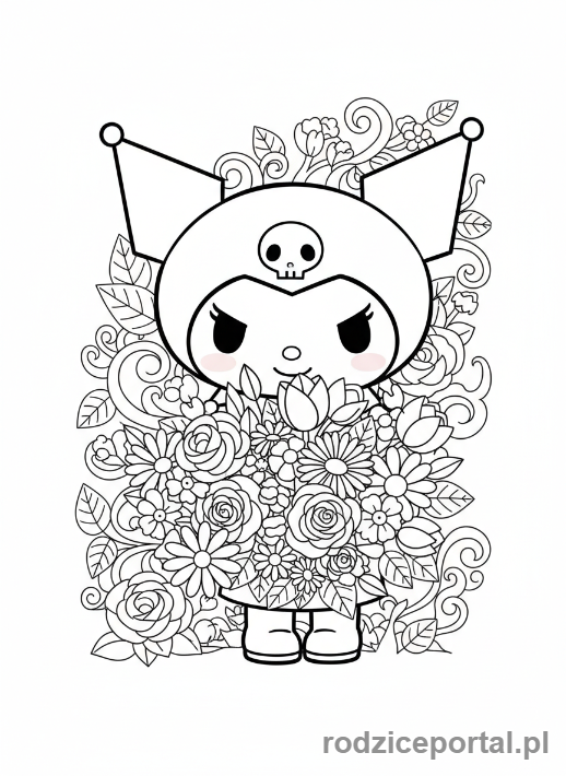 Kolorowanka Kuromi - Kuromi z bukietem