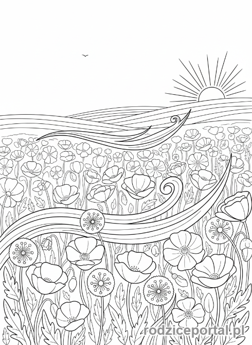 Kolorowanka Kwiaty - Łąka pełna maków