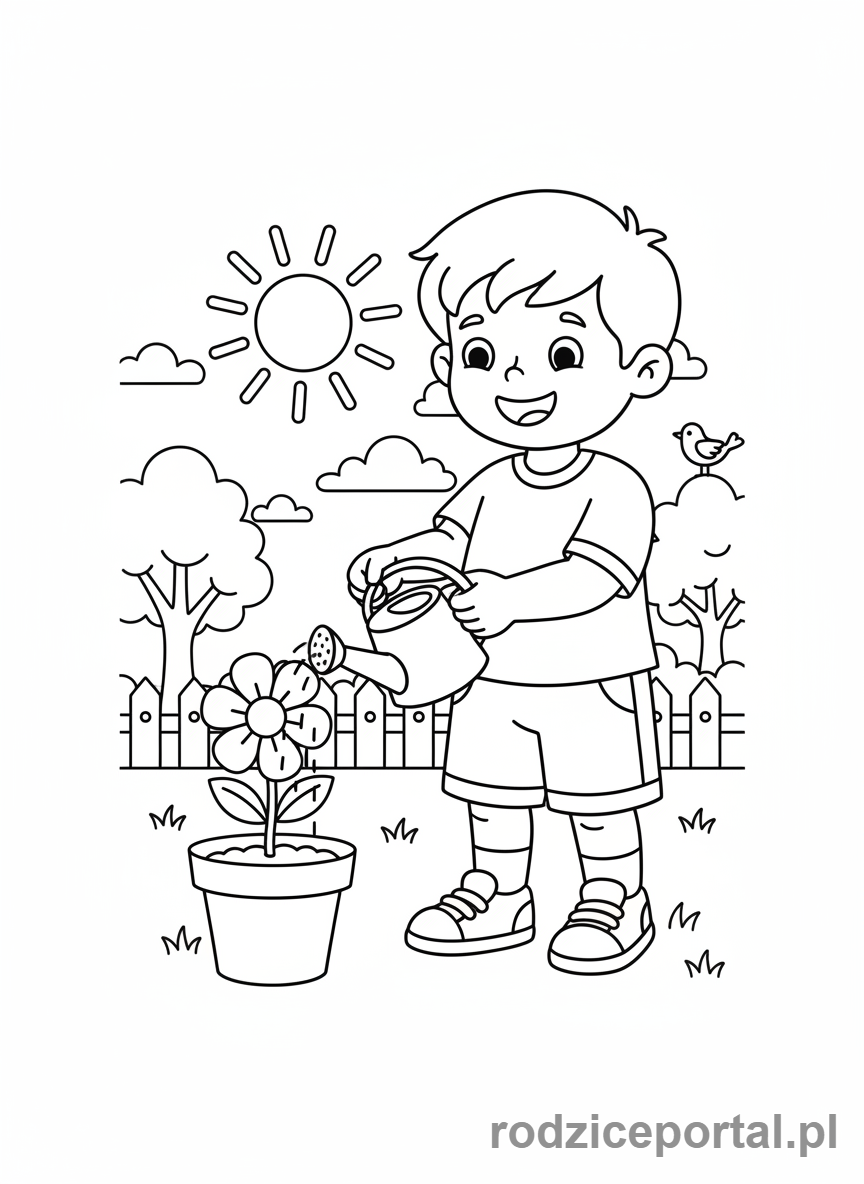 Kolorowanka Kwiaty - Dziecko podlewające kwiatka