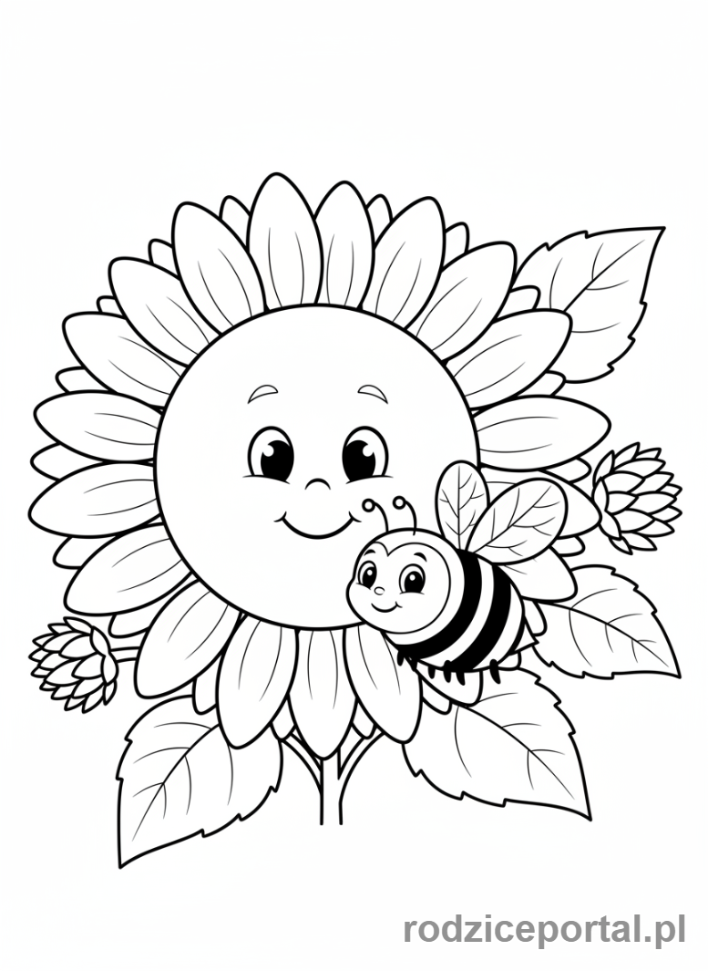Kolorowanka Kwiaty - Słonecznik z pszczołą