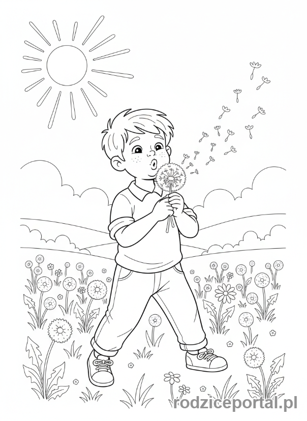 Kolorowanka Kwiaty Zadania - Chłopiec z dmuchawcem