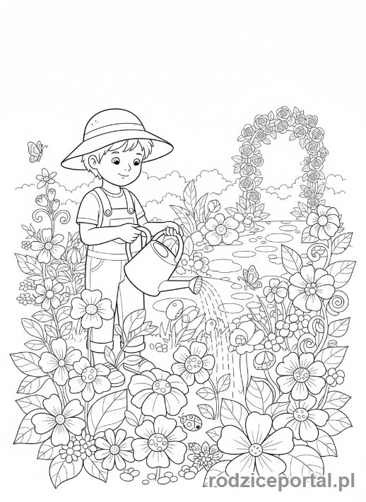 Kolorowanka Kwiaty Zadania - Dziecko podlewa kwiaty