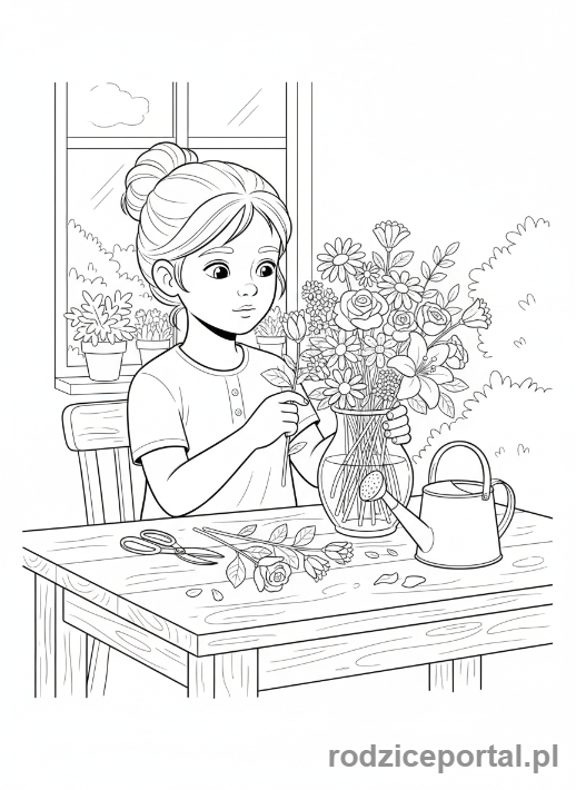 Kolorowanka Kwiaty Zadania - Dziewczynka układa bukiet