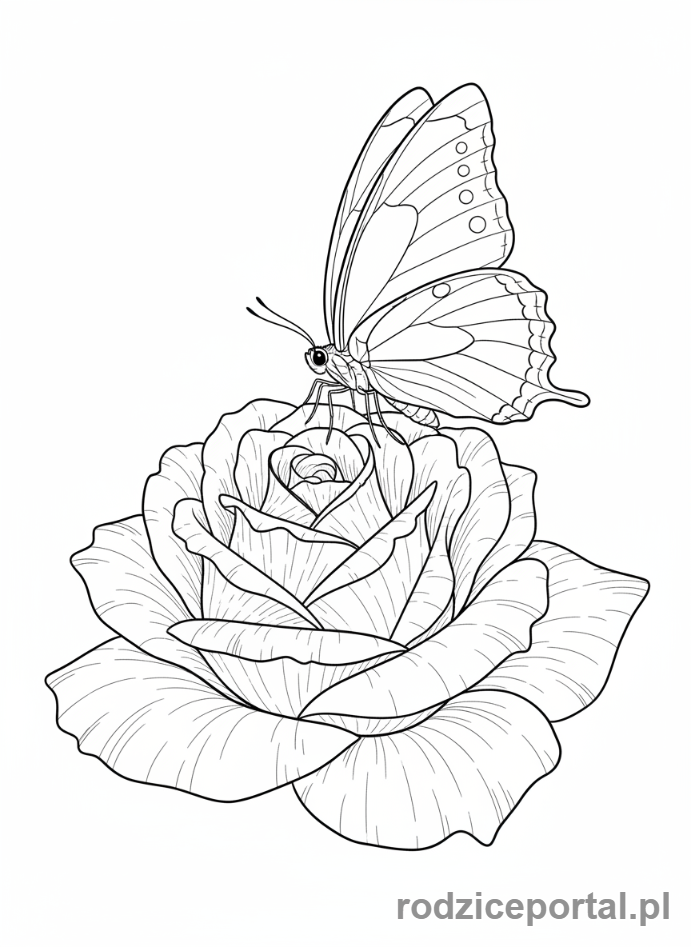 Kolorowanka Kwiaty Zadania - Motyl na róży