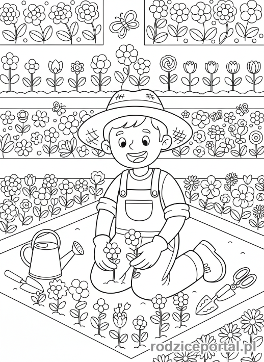 Kolorowanka Kwiaty Zadania - Ogrodnik sadzi kwiaty