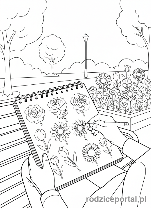 Kolorowanka Kwiaty Zadania - Rysowanie kwiatów w parku