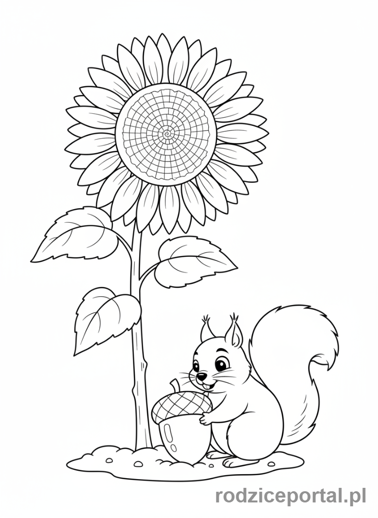 Kolorowanka Kwiaty Zadania - Wiewiórka pod słonecznikiem