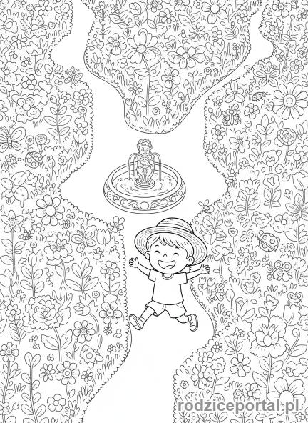 Kolorowanka Labirynty - Dziecko w ogrodowym labiryncie