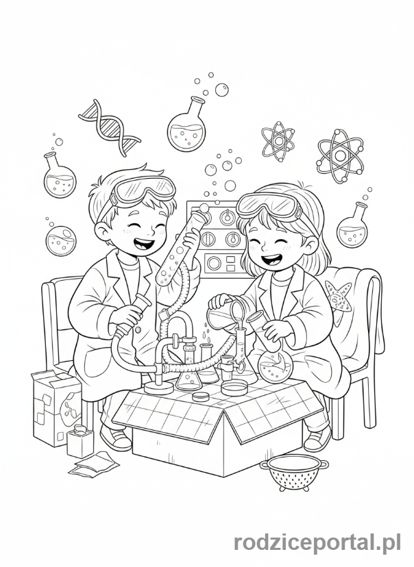Kolorowanka Laboratorium - Dzieci bawiące się w naukowców