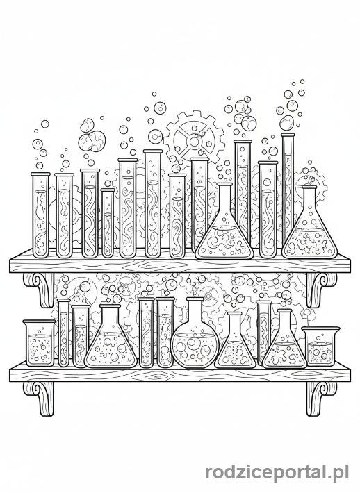 Kolorowanka Laboratorium - Kolorowe mikstury w probówkach