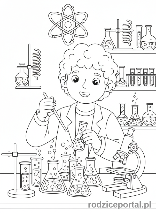 Kolorowanka Laboratorium - Naukowiec przy stole laboratoryjnym