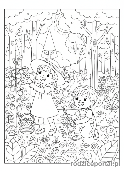 Kolorowanka Las - Dzieci zbierające jagody