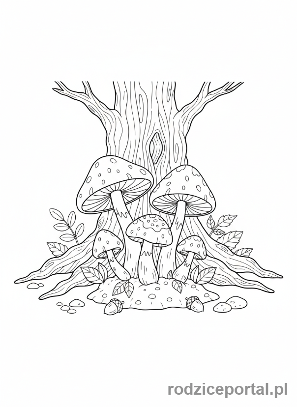 Kolorowanka Las - Grzyby pod drzewem