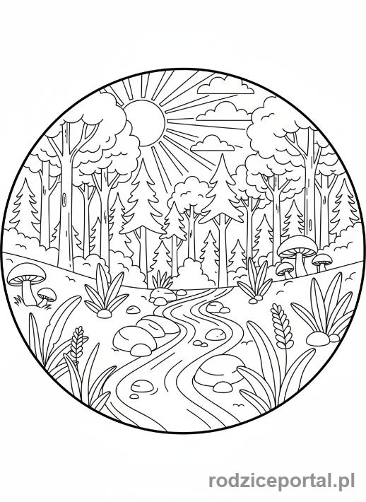 Kolorowanka Las - Leśna polana ze strumieniem