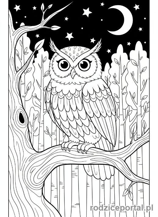Kolorowanka Las - Sowa na gałęzi w nocy