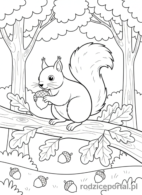 Kolorowanka Las - Wiewiórka zbiera żołędzie