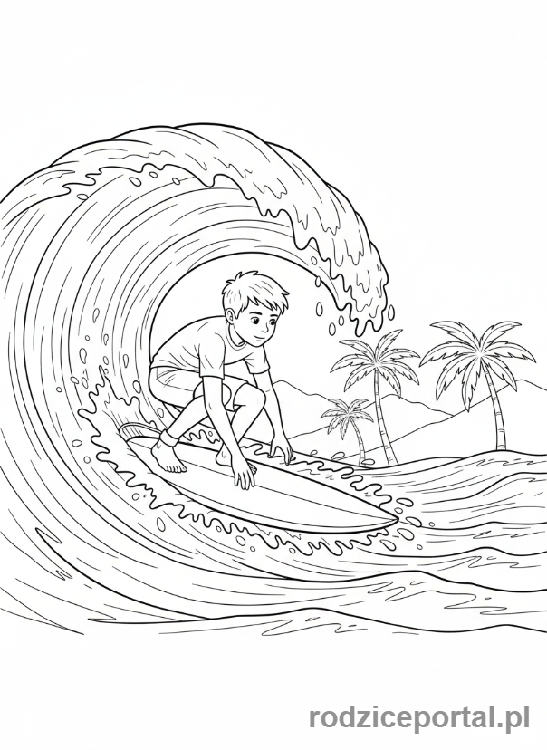 Kolorowanka Lato - Chłopiec na desce surfingowej łapiący falę.