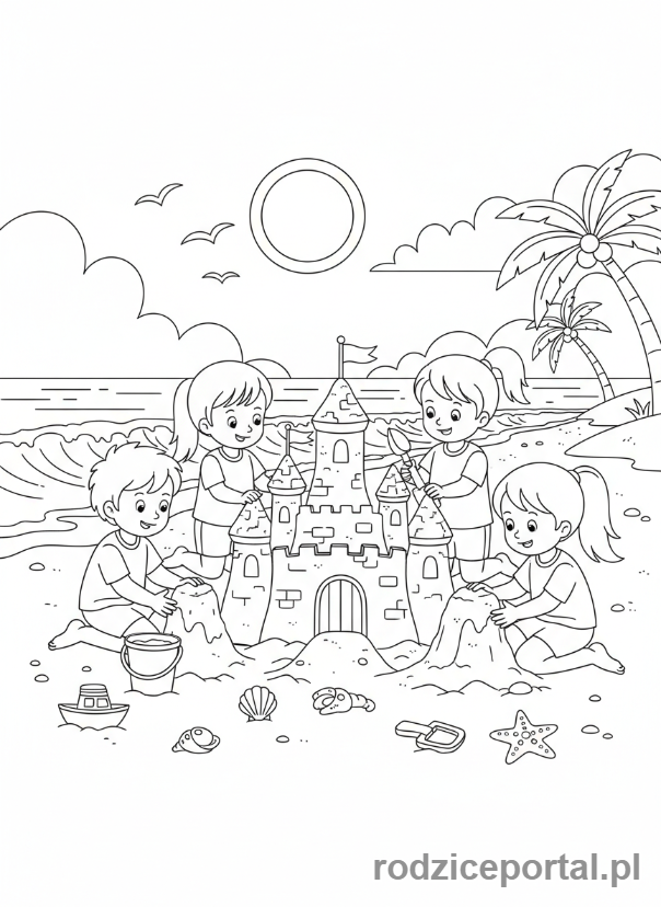 Kolorowanka Lato - Dzieci bawiące się na piaszczystej plaży, budujące zamek z piasku.