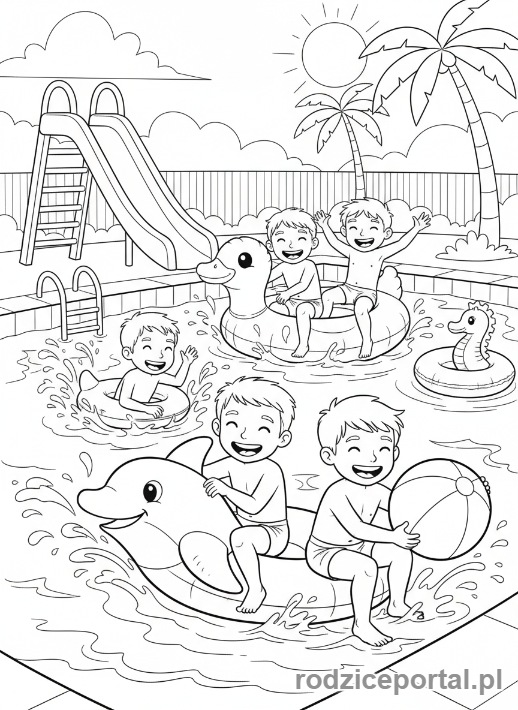 Kolorowanka Lato - Dzieci pływające w basenie z dmuchanymi zabawkami.