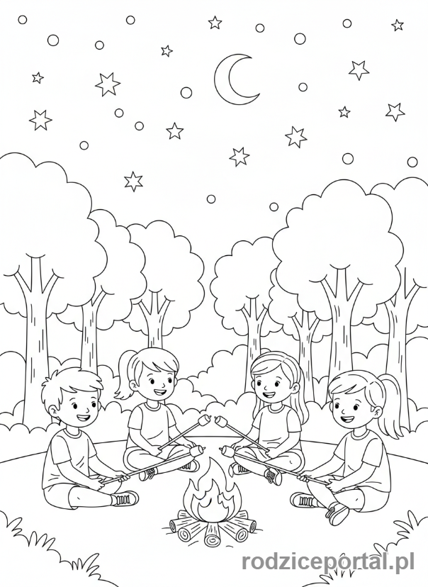 Kolorowanka Lato - Dzieci siedzące wokół ogniska pod letnim, gwiaździstym niebem.