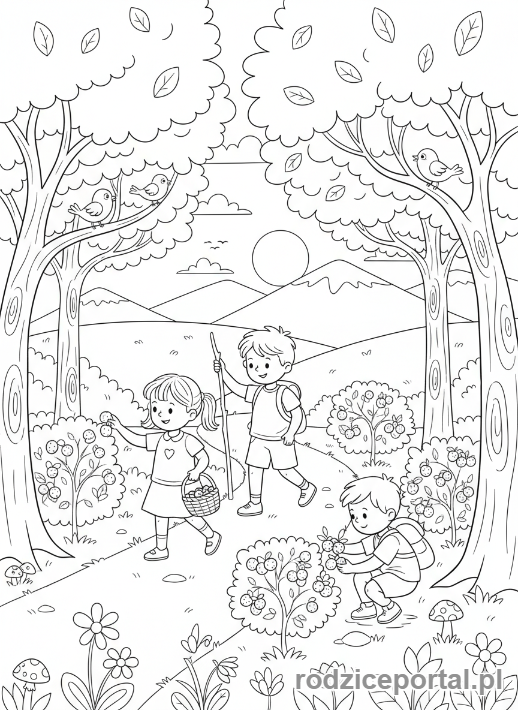 Kolorowanka Lato - Dzieci wędrujące leśną ścieżką, zbierające jagody.