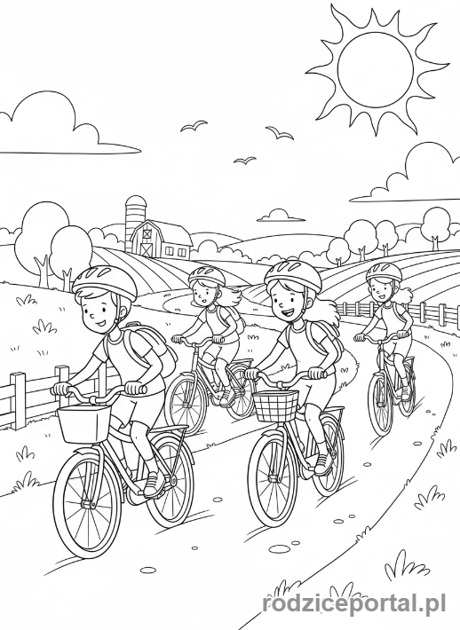 Kolorowanka Lato - Grupa przyjaciół jadąca na rowerach przez wiejskie krajobrazy.