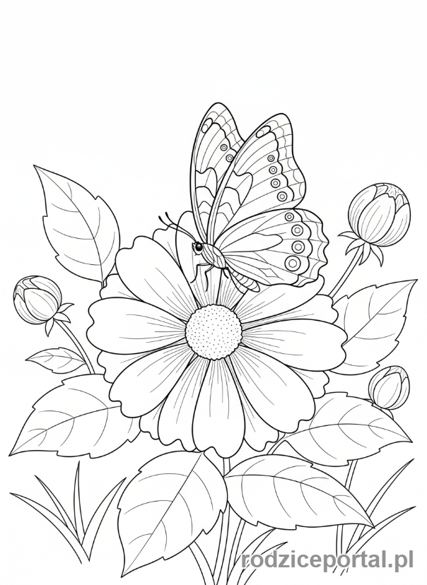 Kolorowanka Lato - Piękny motyl siedzący na kolorowym kwiecie w ogrodzie.