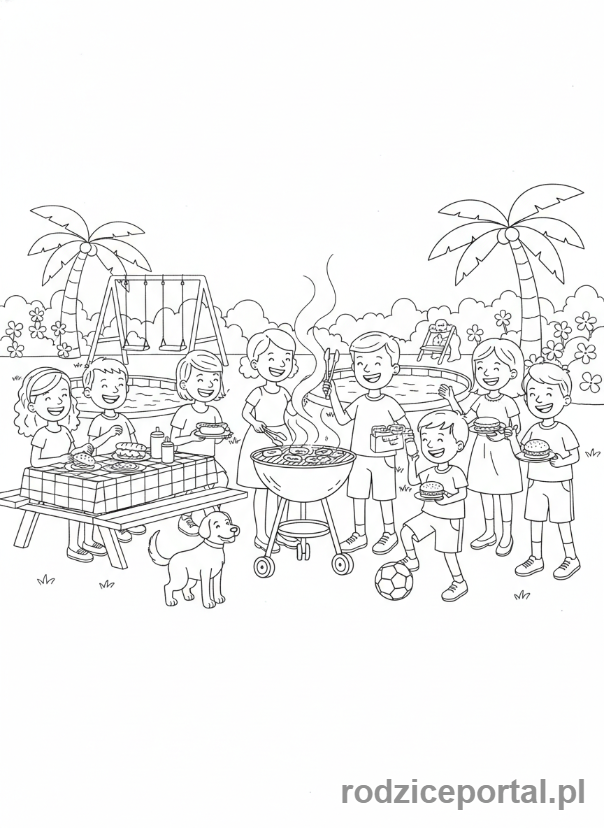 Kolorowanka Lato - Rodzina i przyjaciele na grillu w letnim ogrodzie.