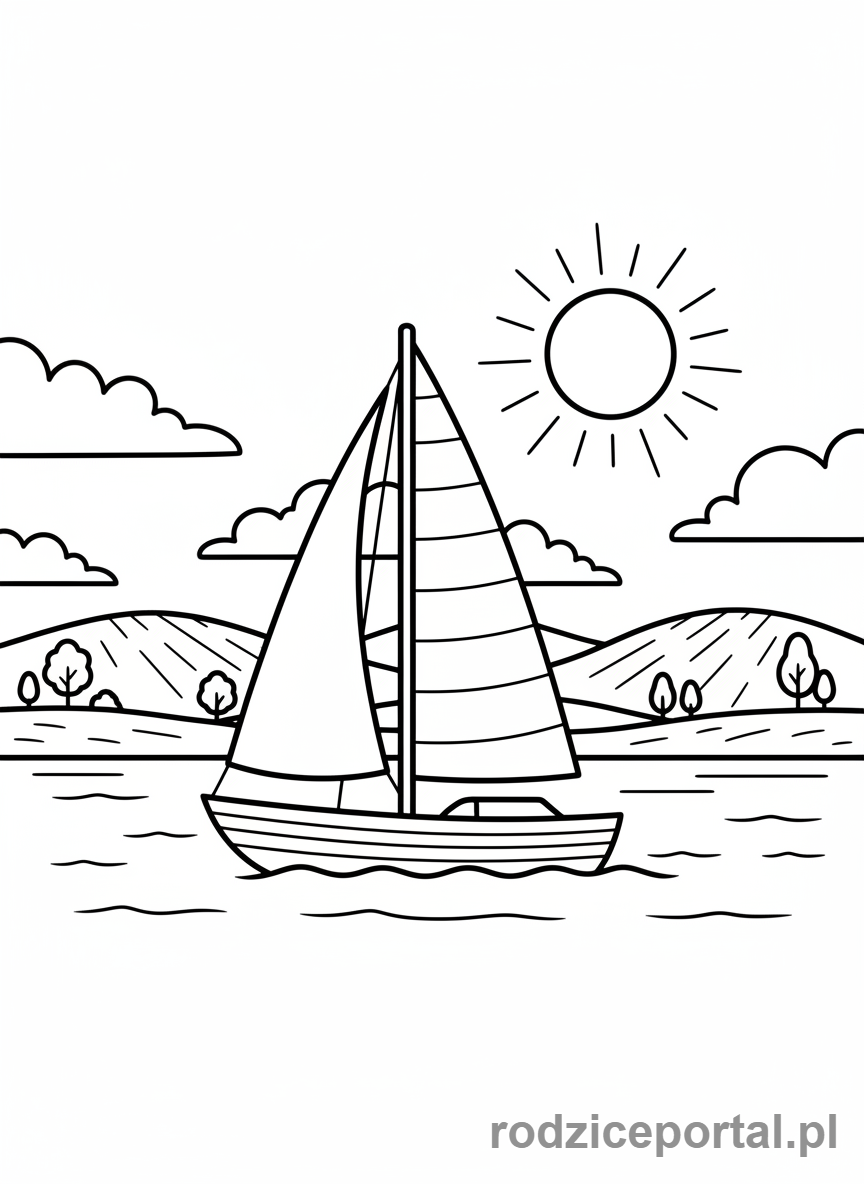 Kolorowanka Lato - Żaglówka płynąca po spokojnym letnim jeziorze.