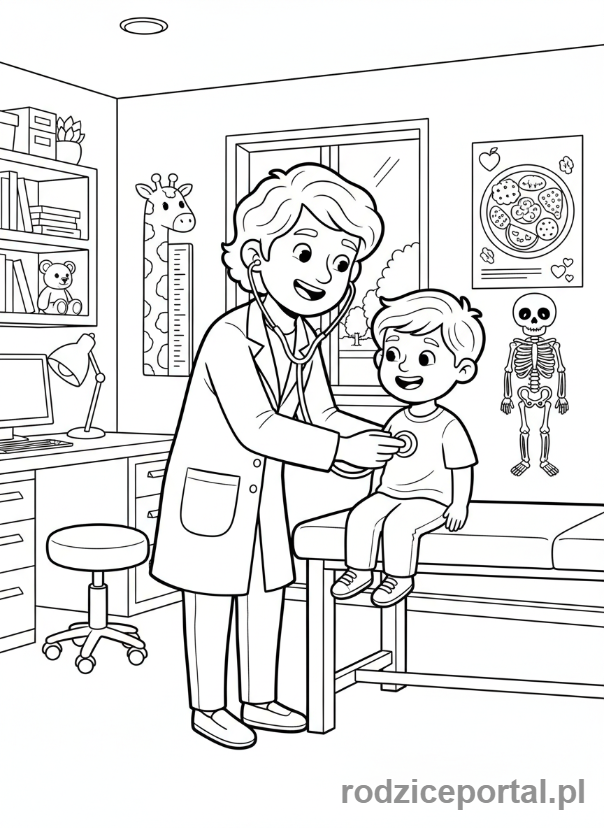 Kolorowanka Lekarz - Lekarz bada dziecko