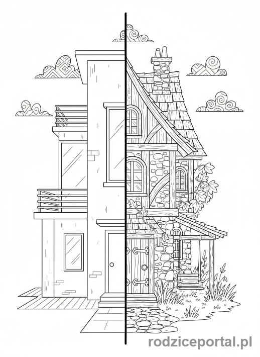 Kolorowanka Lewa Prawa Strona - Dom pół na pół