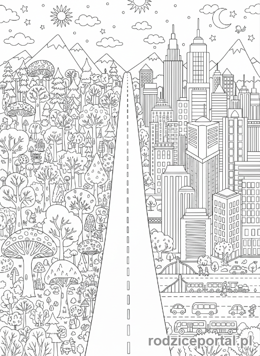 Kolorowanka Lewa Prawa Strona - Droga las miasto