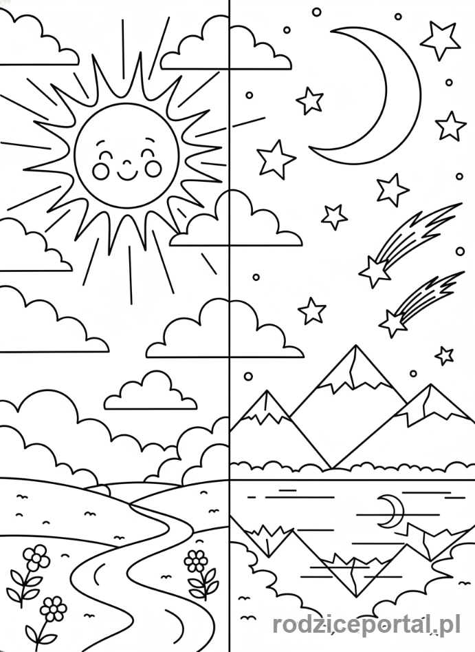 Kolorowanka Lewa Prawa Strona - Dzień i noc