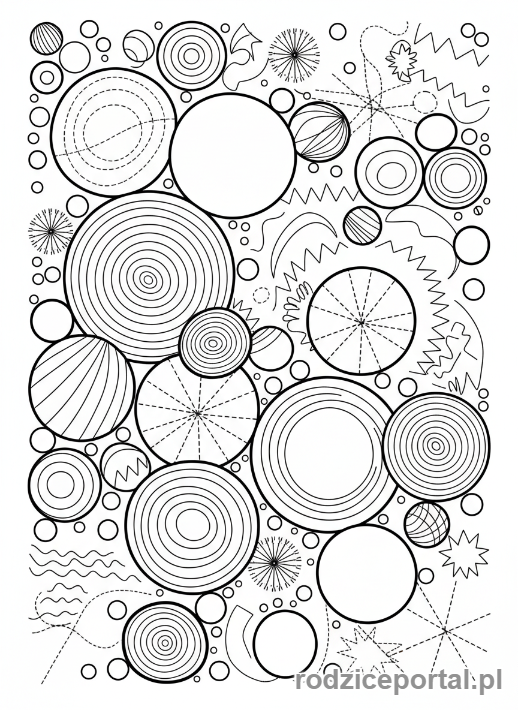 Kolorowanka Linie I Kształty - Kompozycja kół i linii kropkowanych