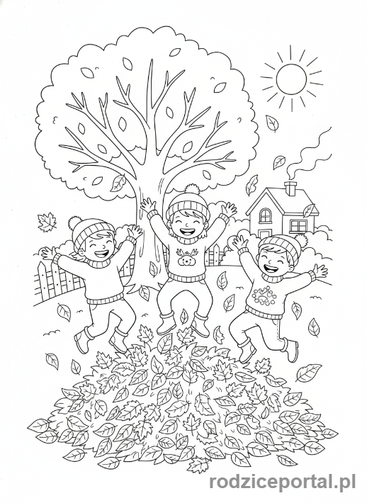 Kolorowanka Liście - Dzieci w stercie liści