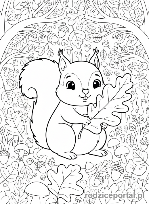 Kolorowanka Liście - Wiewiórka z liściem