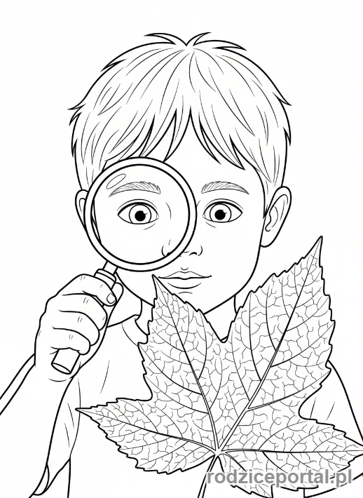 Kolorowanka Liście Zadania - Chlopiec bada lisc