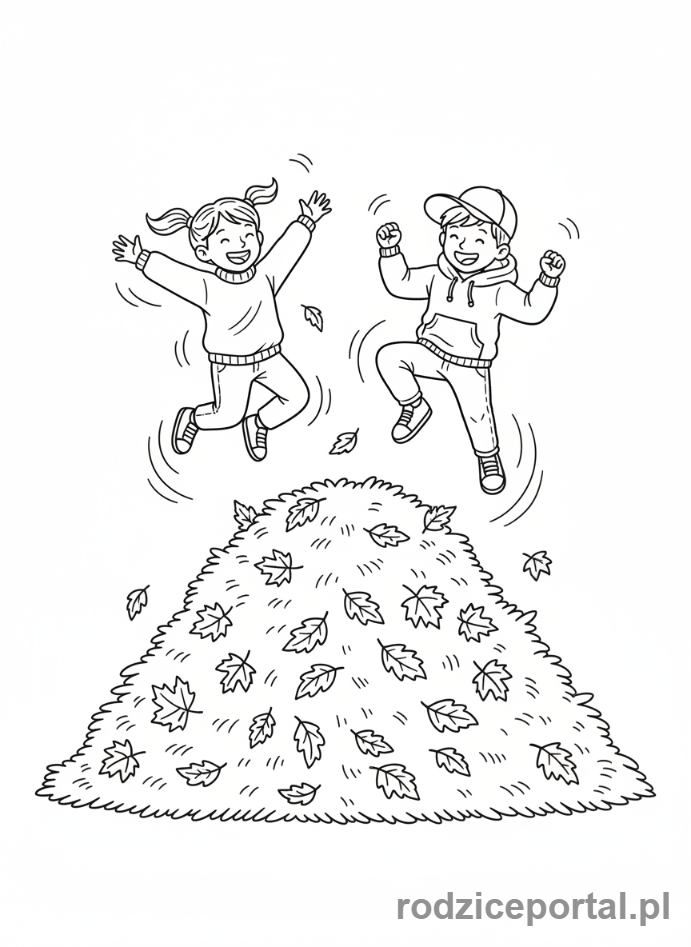 Kolorowanka Liście Zadania - Dzieci skaczace w liscie