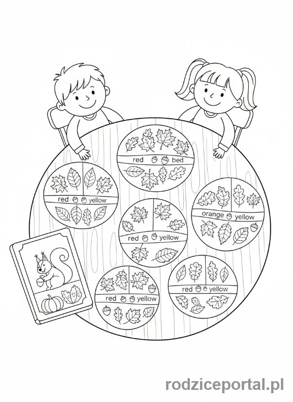 Kolorowanka Liście Zadania - Dzieci sortujace liscie