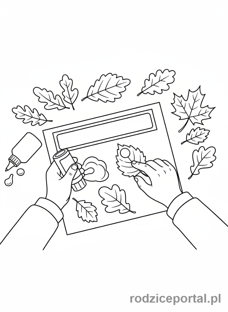 Kolorowanka Liście Zadania - Dziecko robi kolaz z lisci
