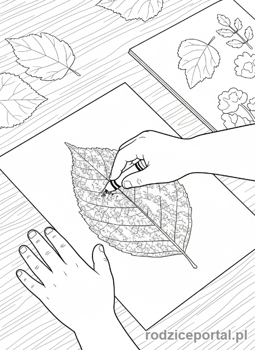 Kolorowanka Liście Zadania - Dziecko robi odbitki lisci