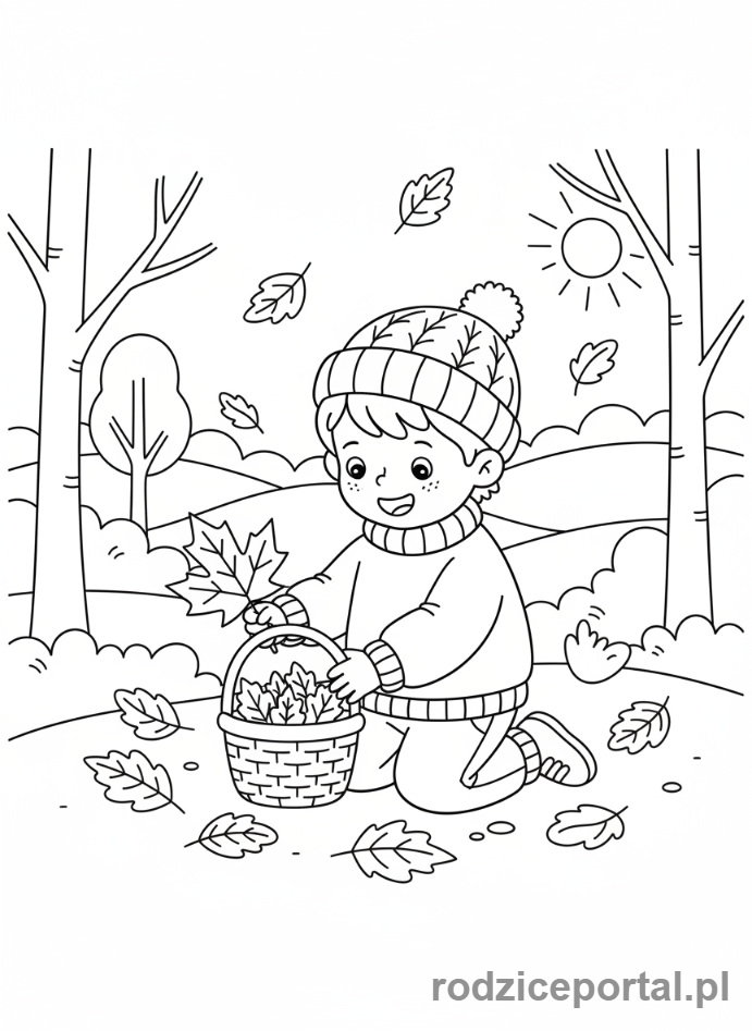 Kolorowanka Liście Zadania - Dziecko zbierajace liscie
