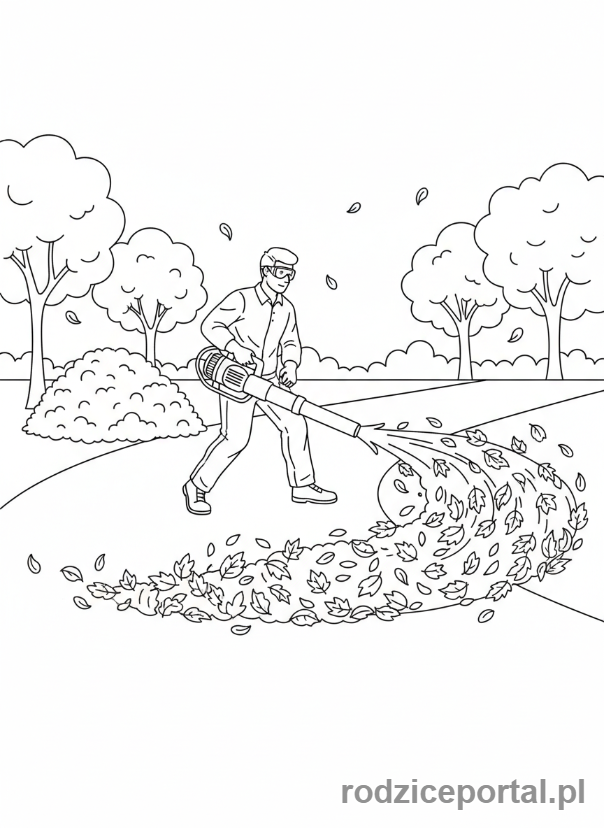 Kolorowanka Liście Zadania - Osoba dmuchajaca liscie