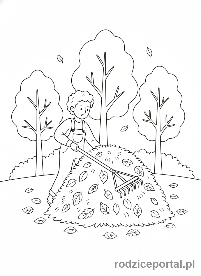 Kolorowanka Liście Zadania - Rodzic grabi liscie