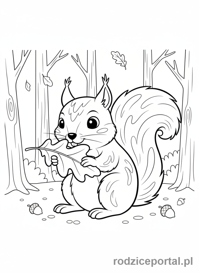 Kolorowanka Liście Zadania - Wiewiorka z lisciem