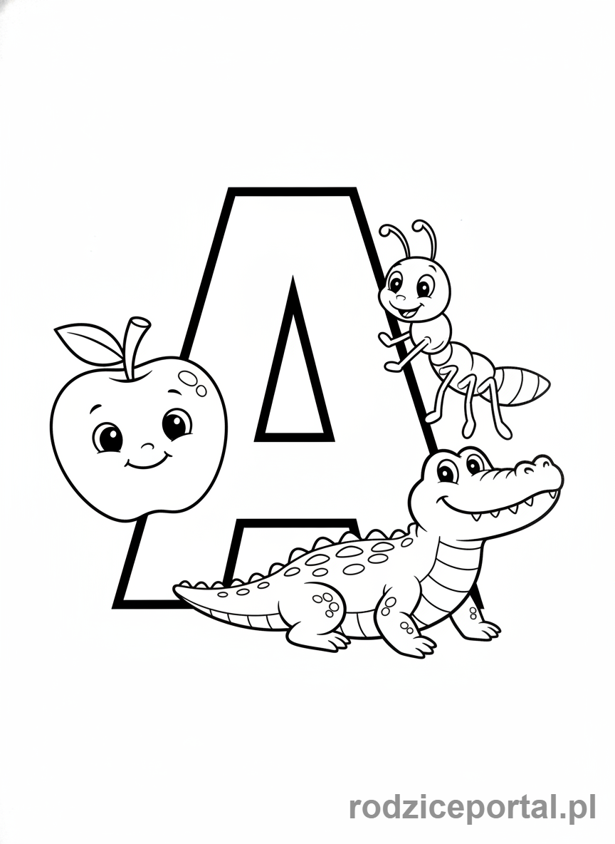 Kolorowanka Litery Drukowane - Litera A, zwierzeta