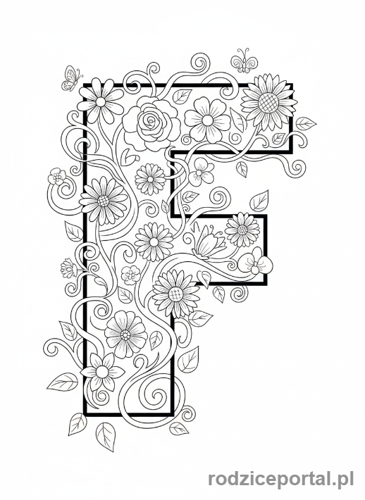 Kolorowanka Litery Drukowane - Litera F, kwiaty