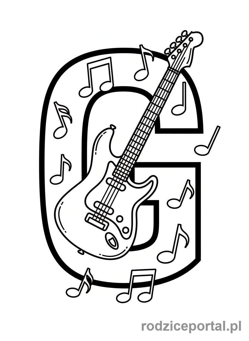 Kolorowanka Litery Drukowane - Litera G, gitara
